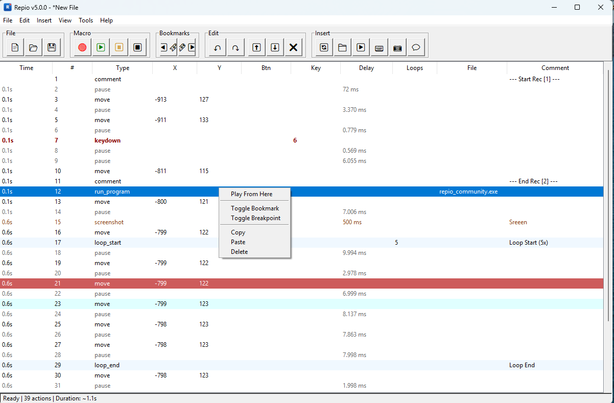 Repio — Main Window with action table